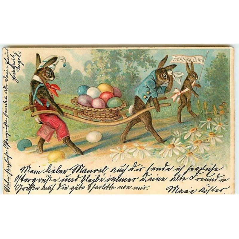 n°9397 - Carte Fantaisie Gaufrée - Fröhliche Ostern - Lapins Habillés transportant des oeufs
