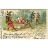 n°9397 - Carte Fantaisie Gaufrée - Fröhliche Ostern - Lapins Habillés transportant des oeufs