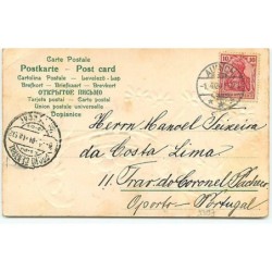 n°9397 - Carte Fantaisie Gaufrée - Fröhliche Ostern - Lapins Habillés transportant des oeufs