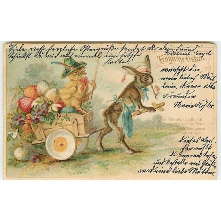 n°9398 - Carte Fantaisie Gaufrée - Fröhliche Ostern - Lapin Habillé Transportant un poussin