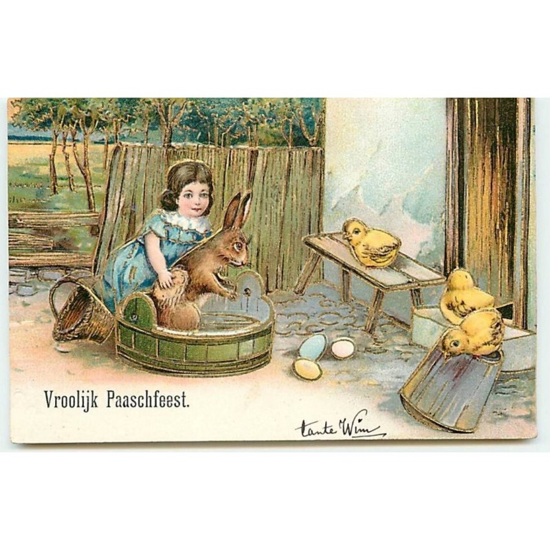 n°9399 - Carte Fantaisie Gaufrée - Vroolijk Paaschfeest - Fillette lavant un lapin
