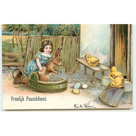 n°9399 - Carte Fantaisie Gaufrée - Vroolijk Paaschfeest - Fillette lavant un lapin