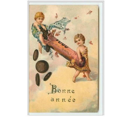 n°940 - Carte Gaufrée - Bonne Année - Enfants et pièces de monnaie