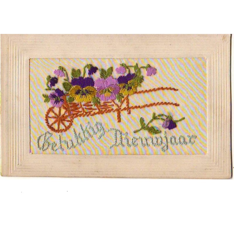 n°9406 - Carte Brodée - Geluktig Nieuwjaar - Brouette remplie de pensées