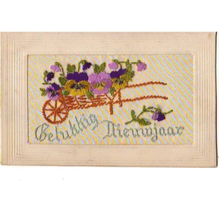 n°9406 - Carte Brodée - Geluktig Nieuwjaar - Brouette remplie de pensées