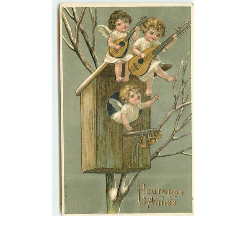n°9437 - Carte Gaufrée - Heureuse Année - Brundage - Angelot jouant de la musique