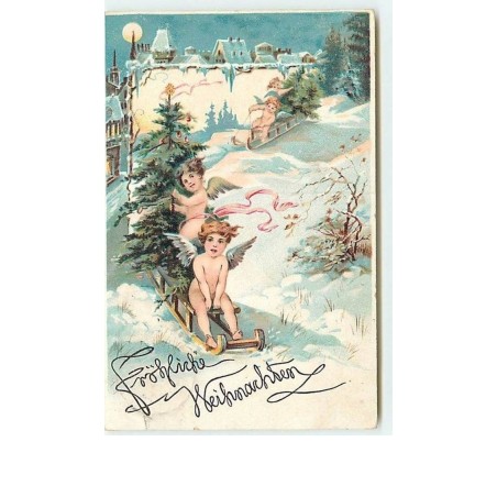 n°9445 - Fröhliche Weihnachten - Angelot sur des luges apportant des sapins