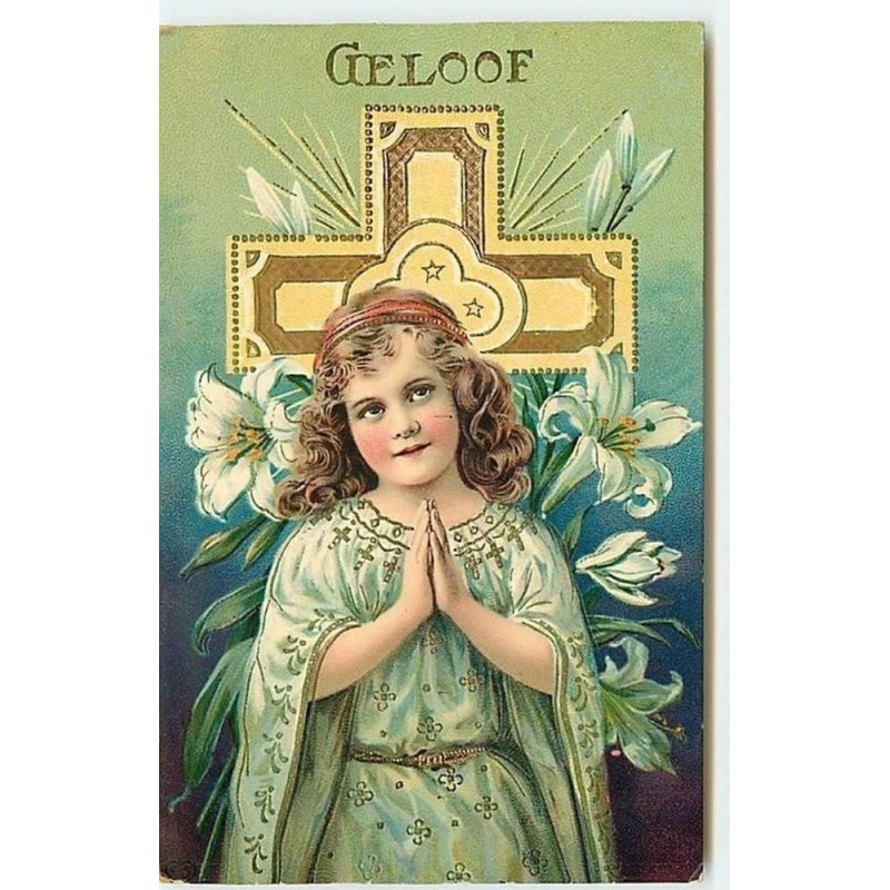 n°12490 - Carte Fantaisie - Geloof - Fillette devant une croix