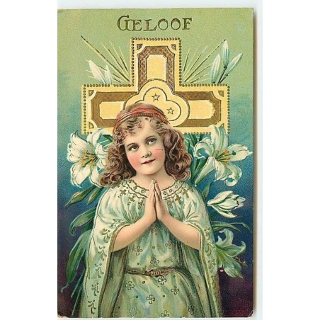 n°12490 - Carte Fantaisie - Geloof - Fillette devant une croix