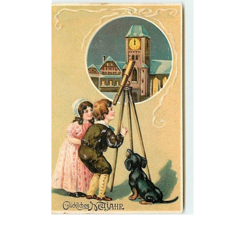n°9493 - Carte Fantaisie Gaufrée - Gelukkig Nieunjaar - Enfants regardant dans une lunette astronomique - Teckel