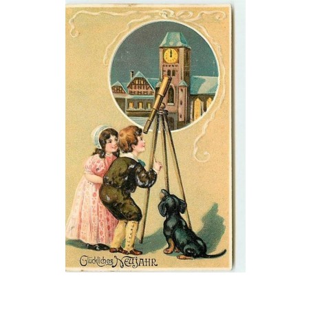 n°9493 - Carte Fantaisie Gaufrée - Gelukkig Nieunjaar - Enfants regardant dans une lunette astronomique - Teckel