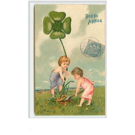 n°95 - Carte Gaufrée - Bonne Année - Enfant déterrant un trèfle à quatre feuille