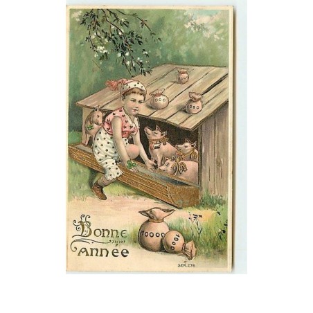 n°9548 - Carte Fantaisie Gaufrée - Bonne Année - Enfant avec des Cochons