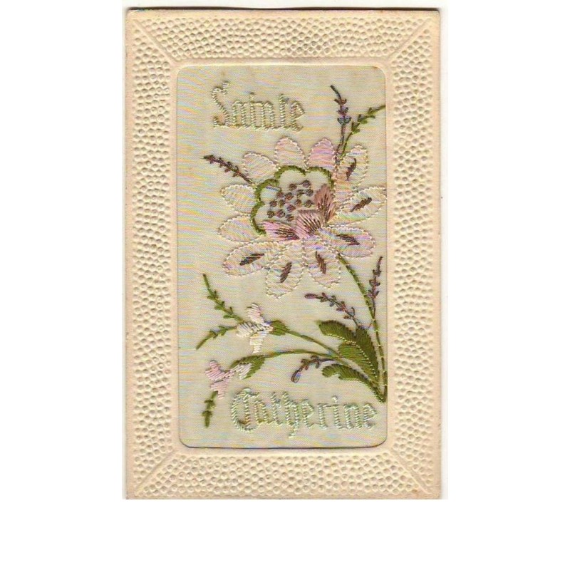 n°9555 - Carte Brodée - Sainte Catherine - Fleur Rose