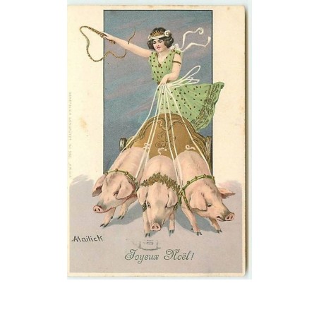 n°9584 - Carte Fantaisie - Joyeux Noël - Mailick - Femme et attelage de cochons