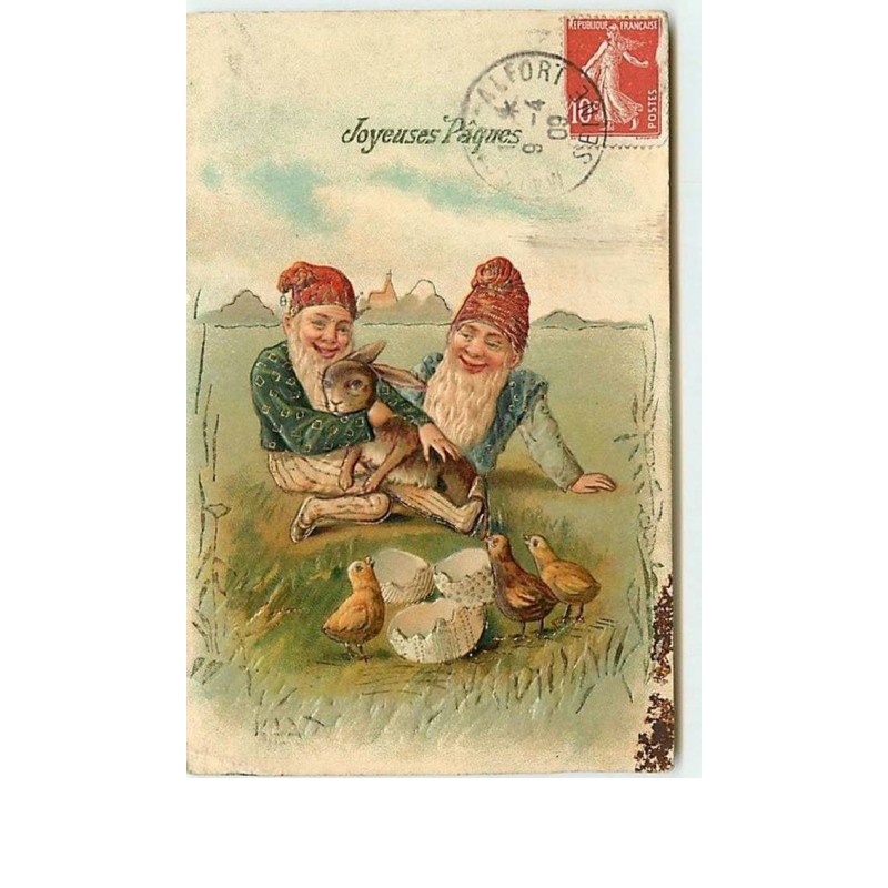 n°9586 - Carte Fantaisie Gaufrée - Joyeuses Pâques - Nains, lutins et Lapin