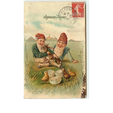n°9586 - Carte Fantaisie Gaufrée - Joyeuses Pâques - Nains, lutins et Lapin