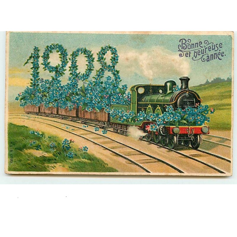 n°9592 - Carte Fantaisie Gaufrée - Bonne et Heureuse Année 1908 - Train