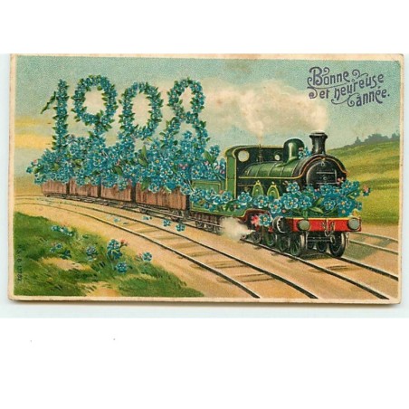 n°9592 - Carte Fantaisie Gaufrée - Bonne et Heureuse Année 1908 - Train