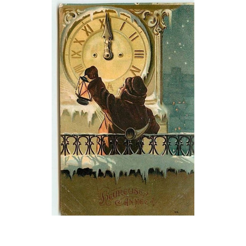 n°9595 - Carte Fantaisie Gaufrée - Heureuse Année - Sonneur devant une Horloge