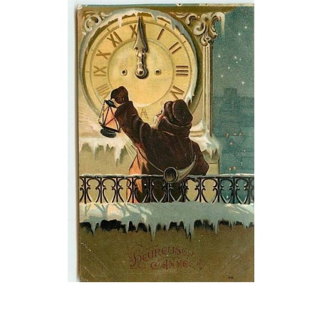 n°9595 - Carte Fantaisie Gaufrée - Heureuse Année - Sonneur devant une Horloge