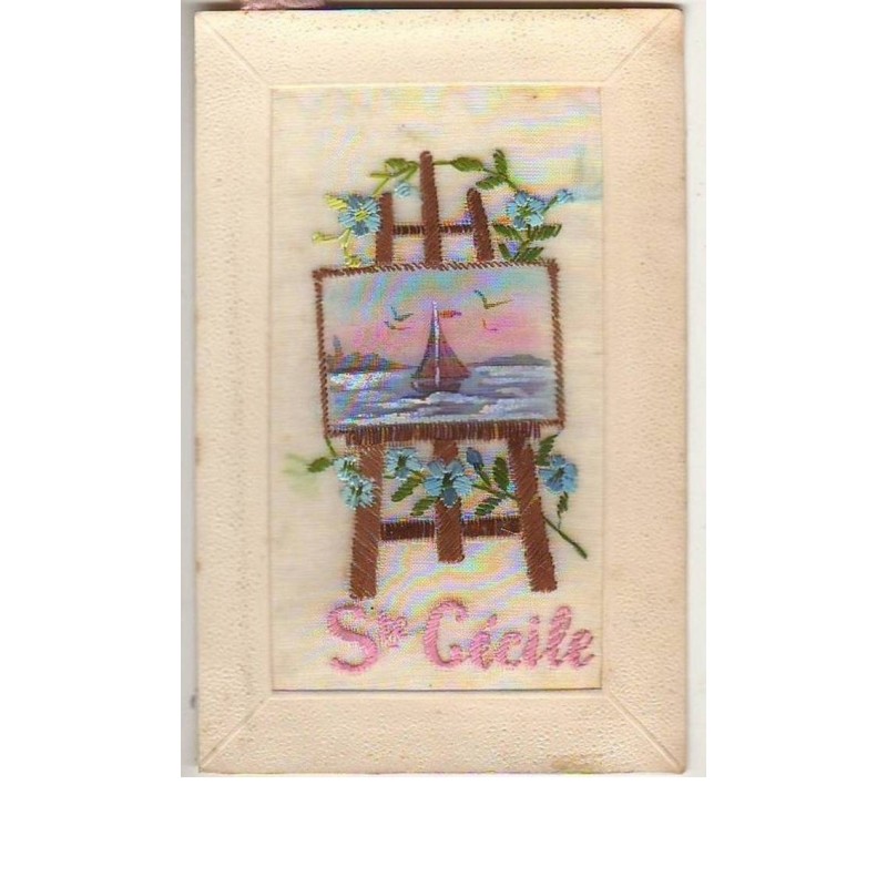 n°9602 - Carte Brodée - Sainte Cécile - Chevalet avec un paysage marin