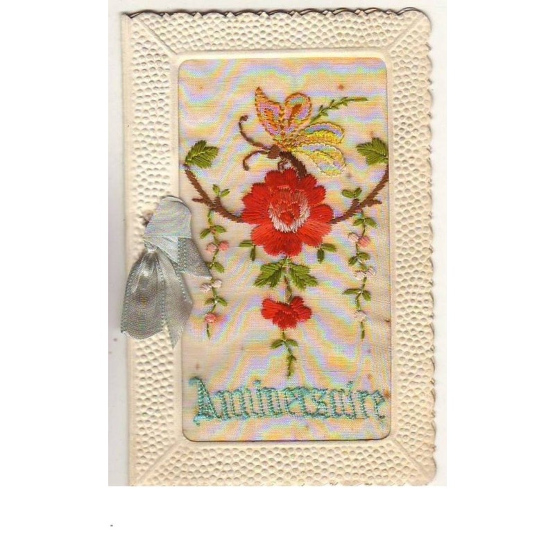 n°9605 - Carte Brodée - Anniversaire - Fleur Rouge - Papillon