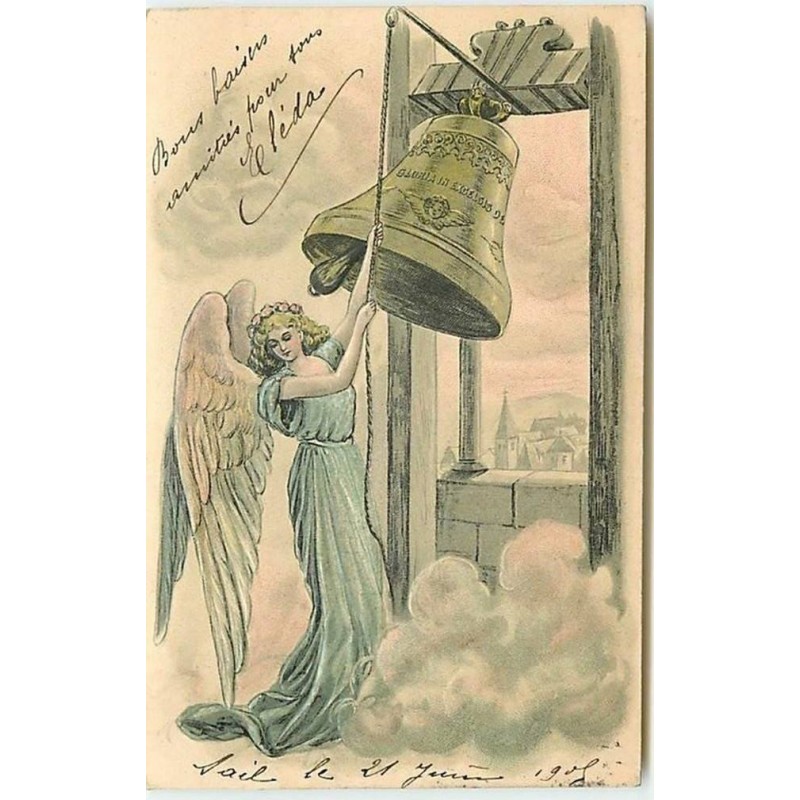 n°12499 - Carte Gaufrée - Ange gardien sonnant une cloche