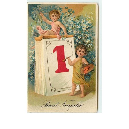 n°9633 - Carte Fantaisie Gaufrée - Prosit Neujahr - Enfant peignant un calendrier