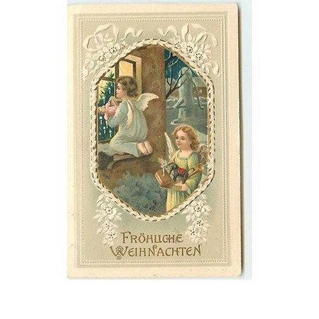 n°9641 - Carte Fantaisie Gaufrée - Fröhliche  Weihnachten - Angelots devant une fenêtre