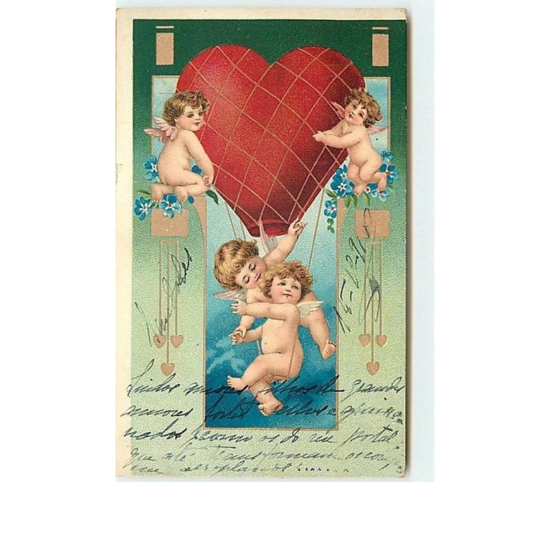 n°9649 - Carte Fantaisie - Angelots et Coeur Montgolfière