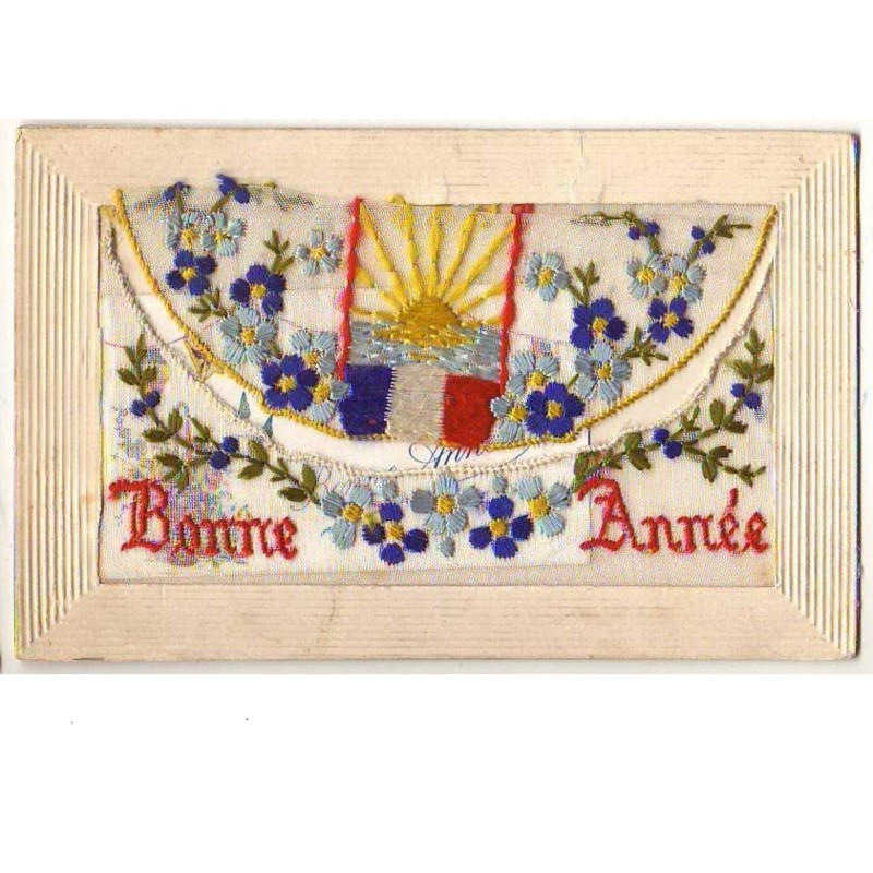 n°9657 - Carte Brodée avec rabat - Bonne Année - Soleil - Drapeau Français