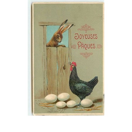 n°9685 - Carte Fantaisie Gaufrée - Joyeuses Pâques - Poule et Lapin
