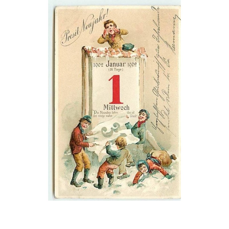n°9686 - Carte Fantaisie Gaufrée - Prosit Neujahr - Enfants découvrant un calendrier