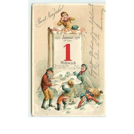 n°9686 - Carte Fantaisie Gaufrée - Prosit Neujahr - Enfants découvrant un calendrier