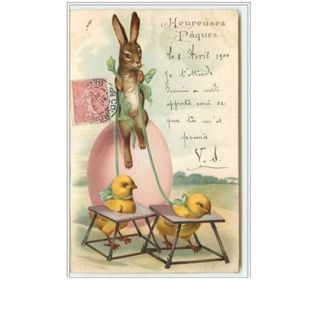 n°969 - Carte Gaufrée - Heureuses Pâques - Attelage avec des poussins - Lapin