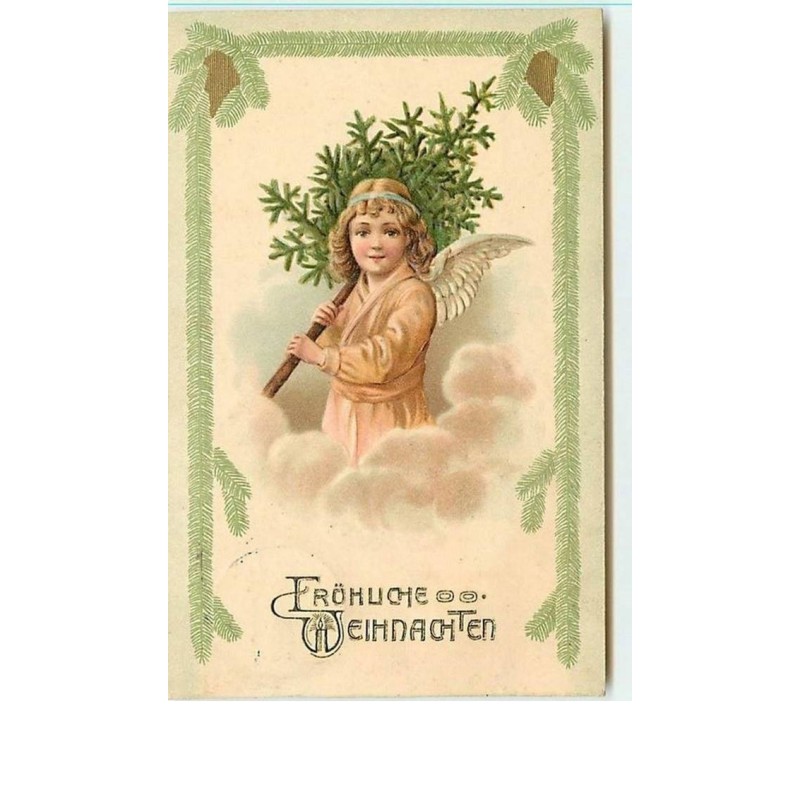 n°9697 - Carte Fantaisie Gaufrée - Fröhliche Weihnachten - Ange avec un sapin