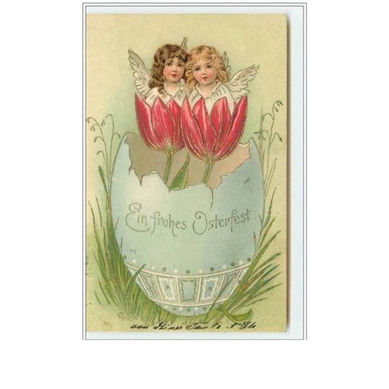n°970 - Carte Gaufrée - Ein frohes Osterfest - Angelots sortant de fleurs