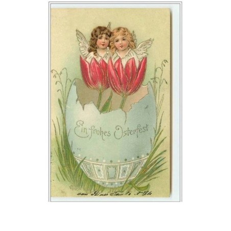n°970 - Carte Gaufrée - Ein frohes Osterfest - Angelots sortant de fleurs