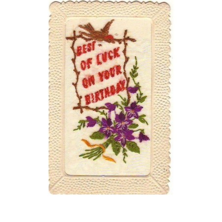 n°9703 - Carte Brodée - Best of Luck on your Birthday - Fleurs et Oiseau