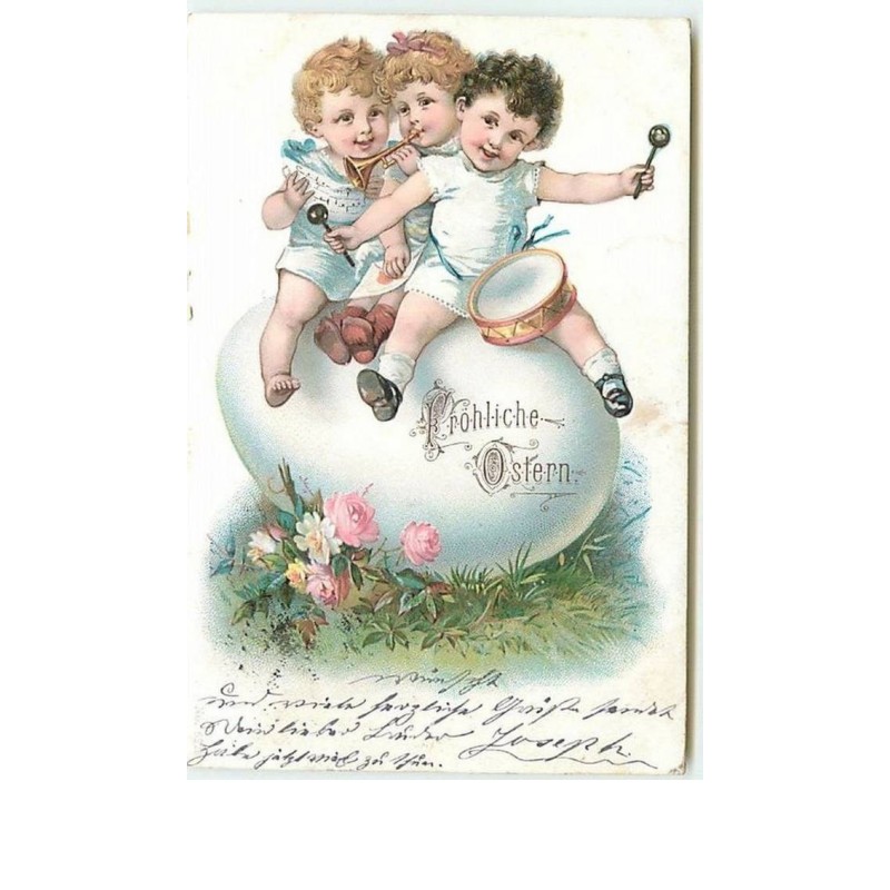 n°9733 - Fröhliche Ostern - Enfants jouant de la musique assis sur un oeuf