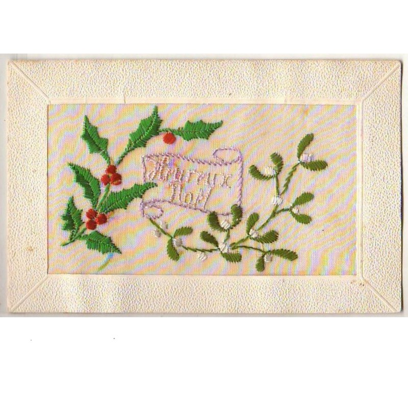 n°9757 - Carte Brodée - Heureux Noël - Houx et Gui
