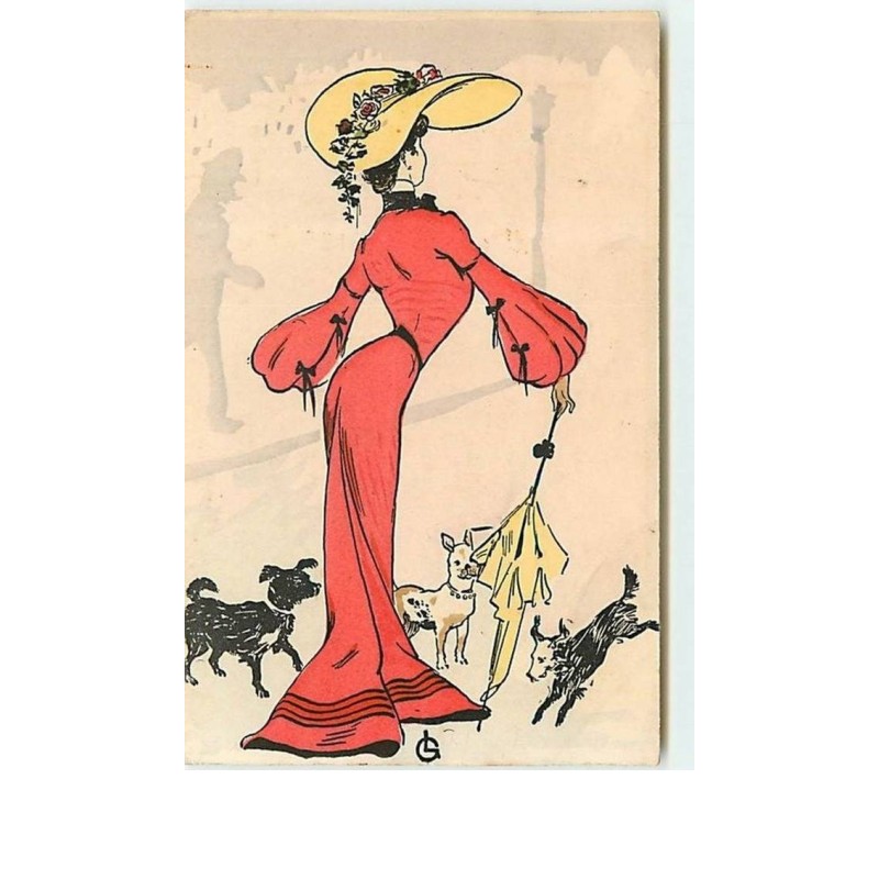 n°9768 - Carte Illustrateur - Femme avec Chapeau + chiens