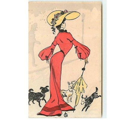 n°9768 - Carte Illustrateur - Femme avec Chapeau + chiens
