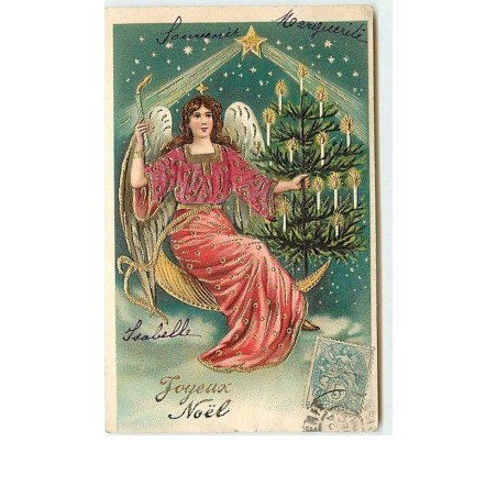n°9782 - Carte Fantaisie Gaufrée - Joyeux Noël - Ange Gardien tenant une Bougie