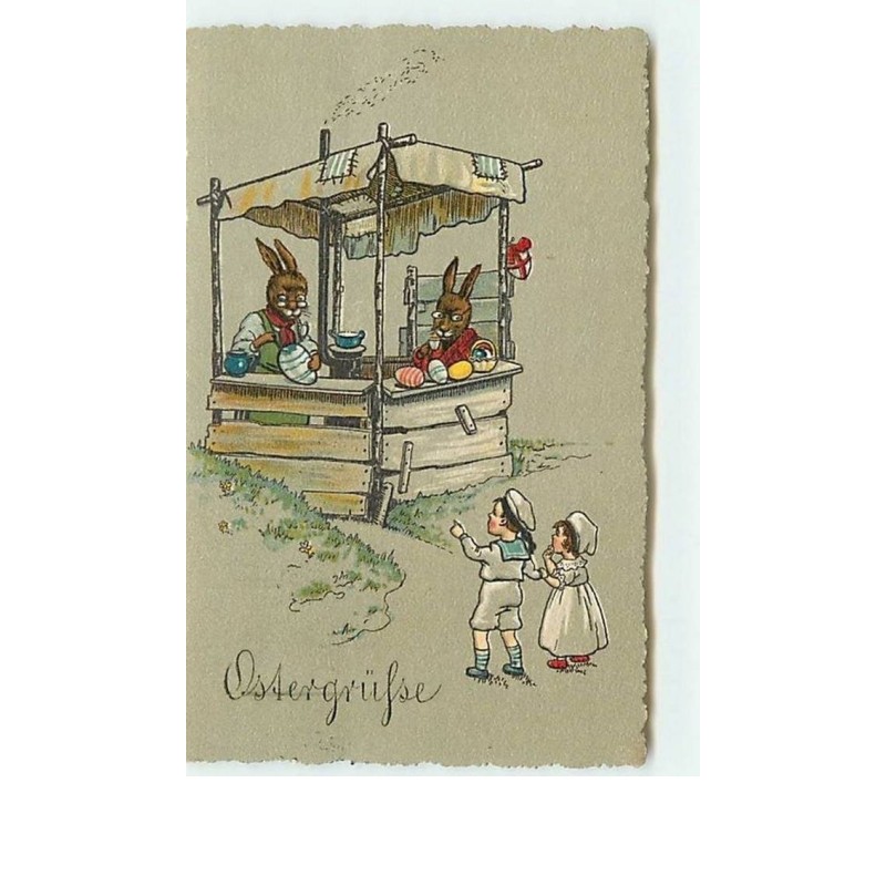 n°9829 - Carte Fantaisie - Ostergrusse - Enfants et lapins habillés