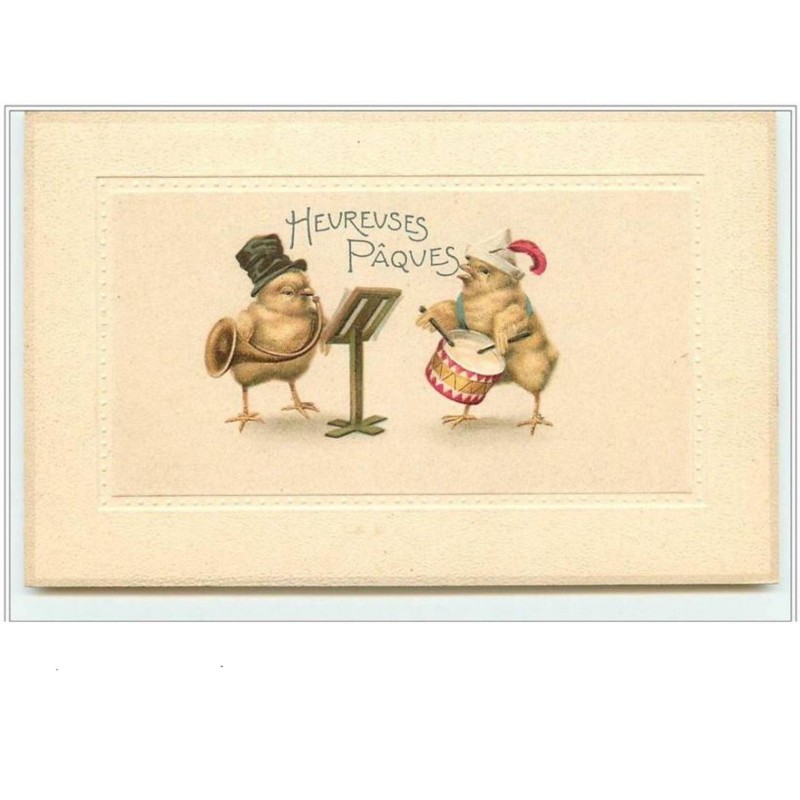 n°986 - Carte Gaufrée (bordure) - Heureuses Pâques - Poussins jouant de la musique