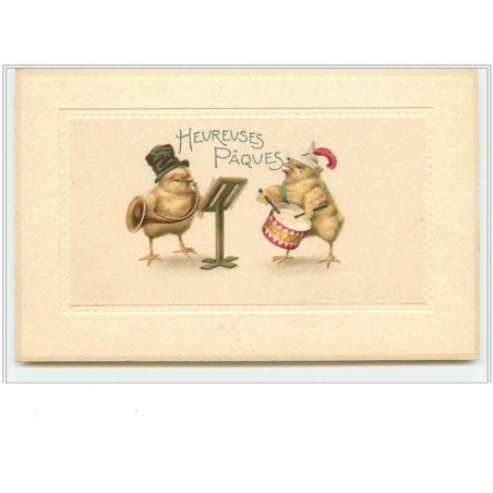 n°986 - Carte Gaufrée (bordure) - Heureuses Pâques - Poussins jouant de la musique