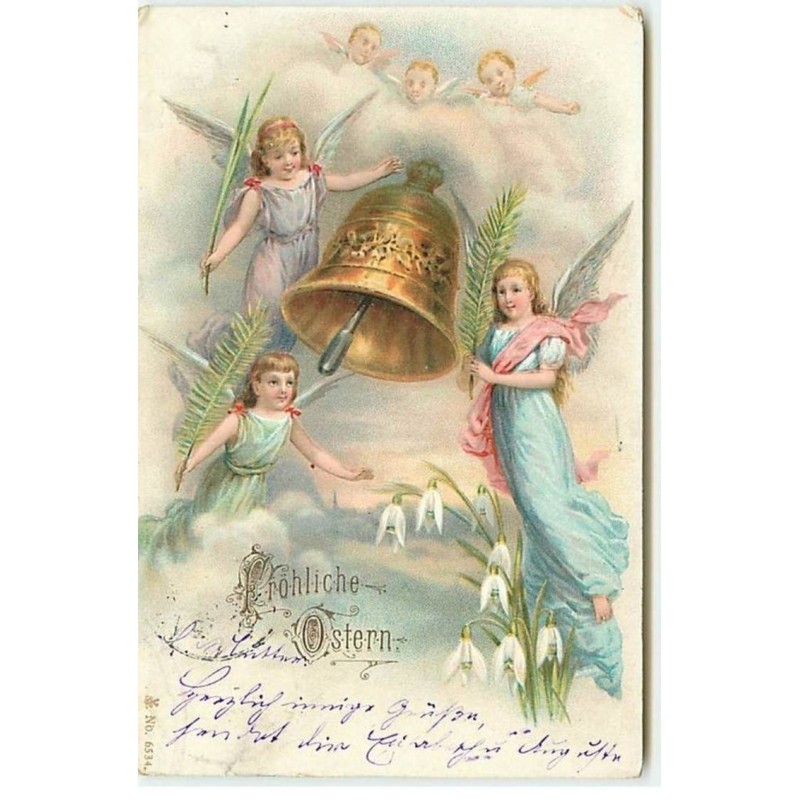 n°9865 - Carte Fantaisie - Fröhliche Ostern - Anges et cloche
