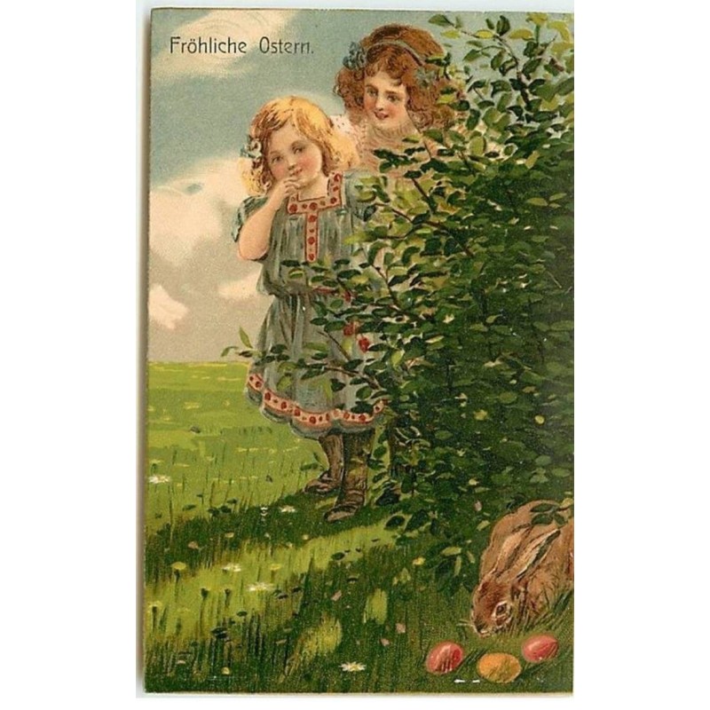 n°9867 - Carte Fantaisie - Fröhliche Ostern - Fillettes et lapin caché avec des oeufs